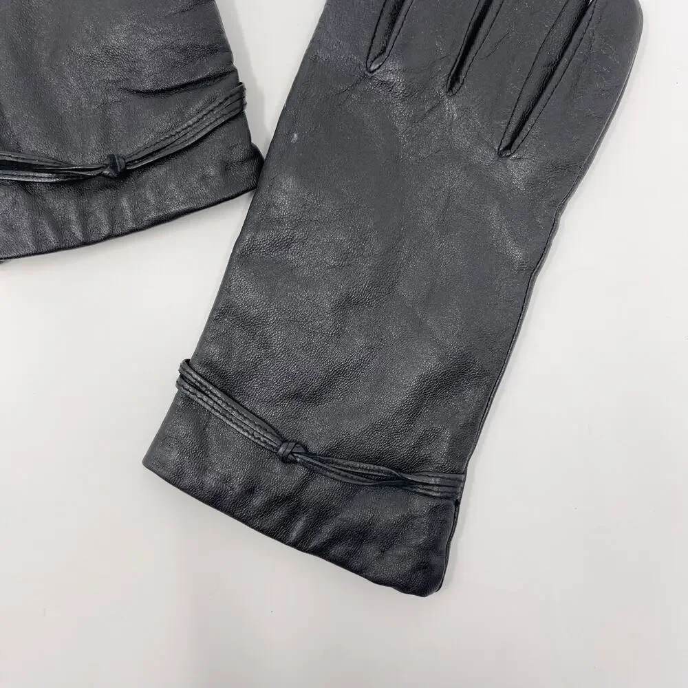 Isotoner Womens Leather Gloves Black Tie Knot